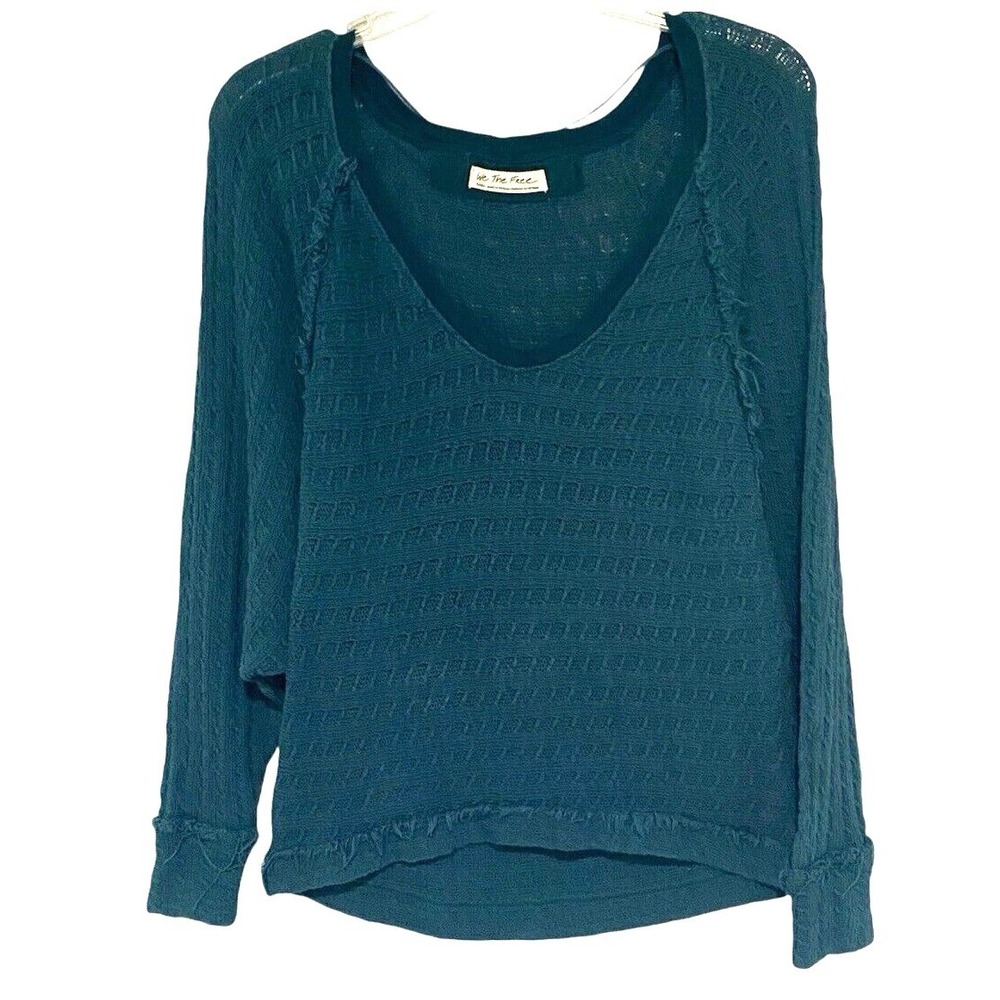 We The Free Free People S S Teal Oversized Textured Batwing Sweater Raw Hem Boho